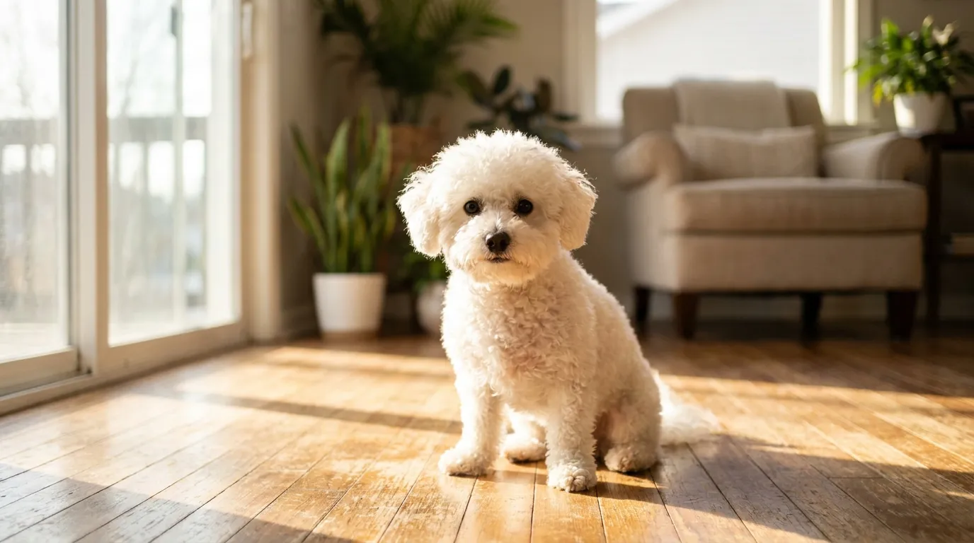 Biały bichon frisé z kędzierzawą sierścią siedzi na trawie