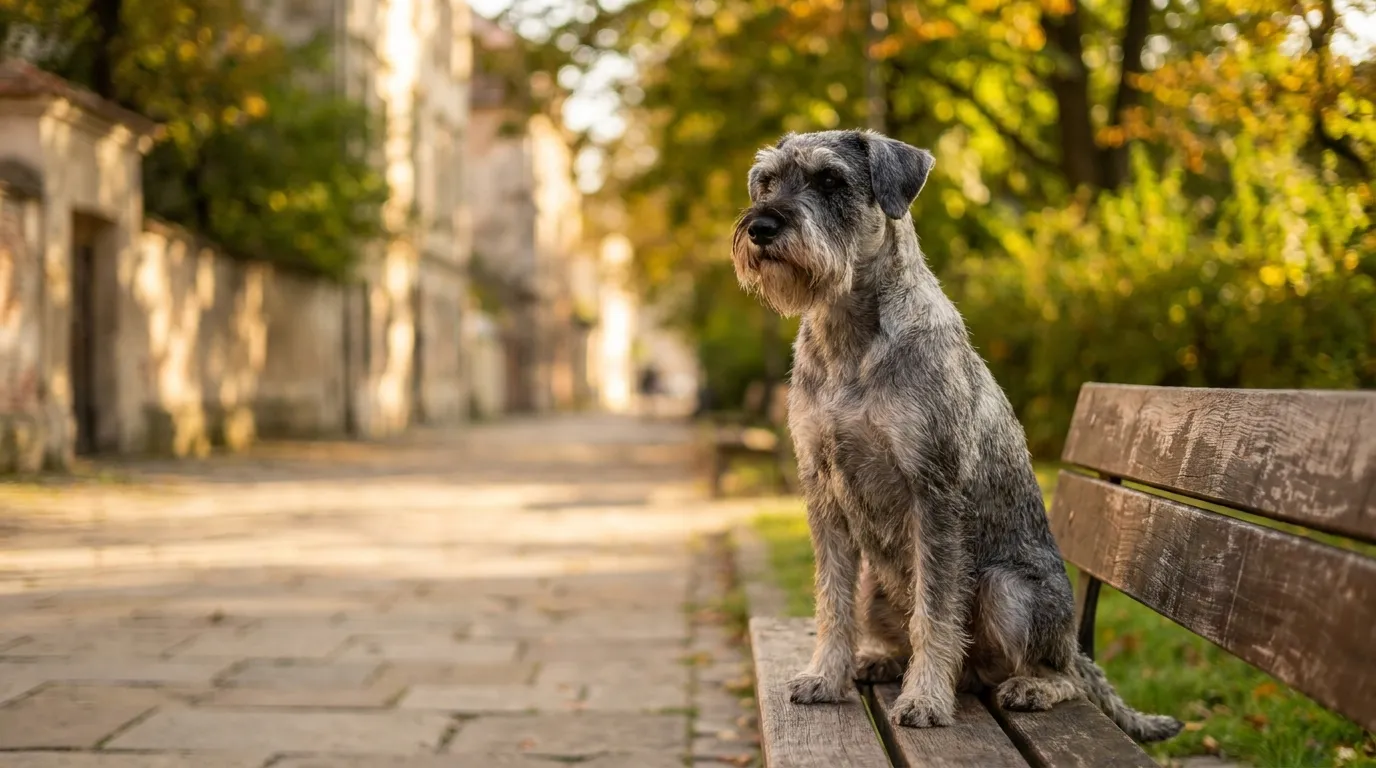 Schnauzer średni w kolorze sól i pieprz stoi na trawie, zdjęcie z boku pokazuje charakterystyczną brodę i wąsy