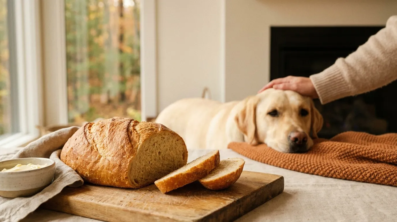 Świeży chleb pszenny na drewnianej desce, w tle pies labrador w odległości