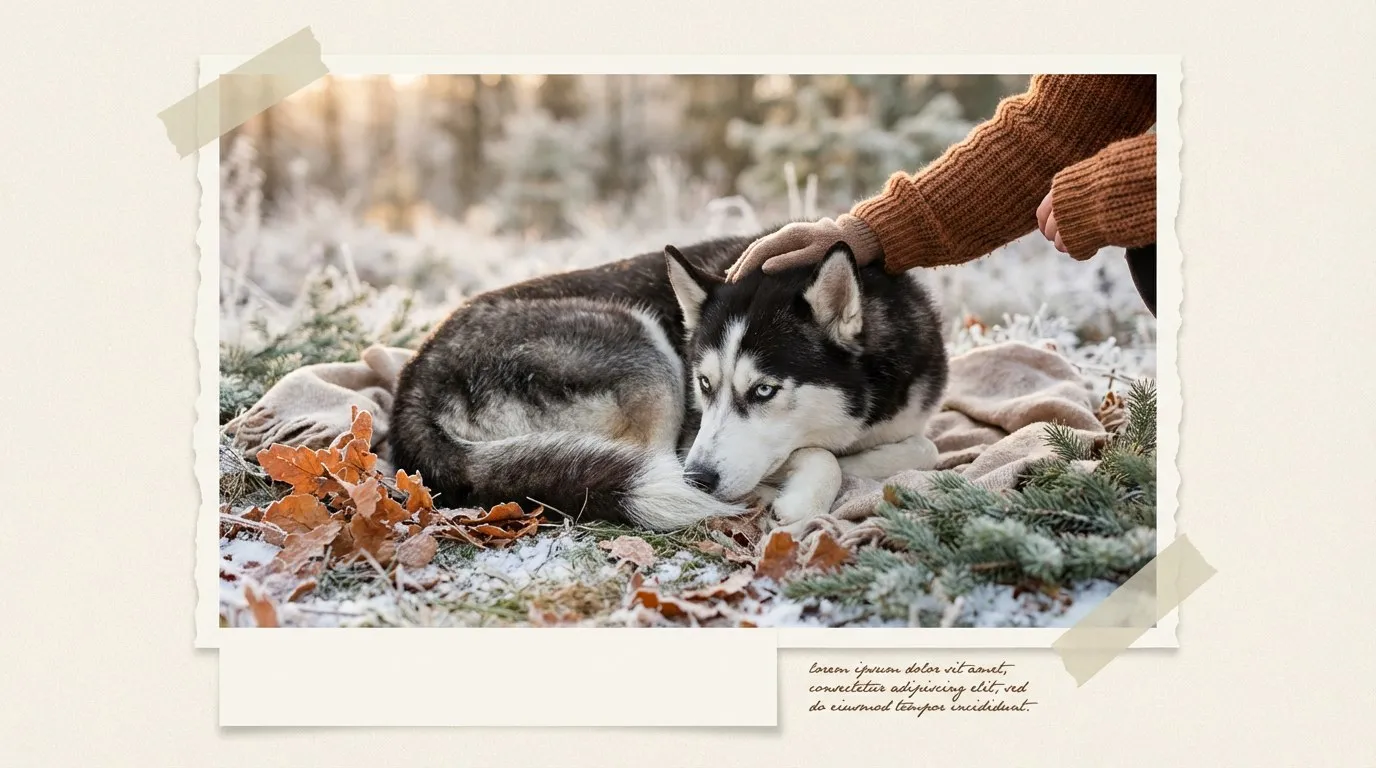 Husky syberyjski o niebieskich oczach i czarno-białej sierści leżący na śniegu, mroźny krajobraz