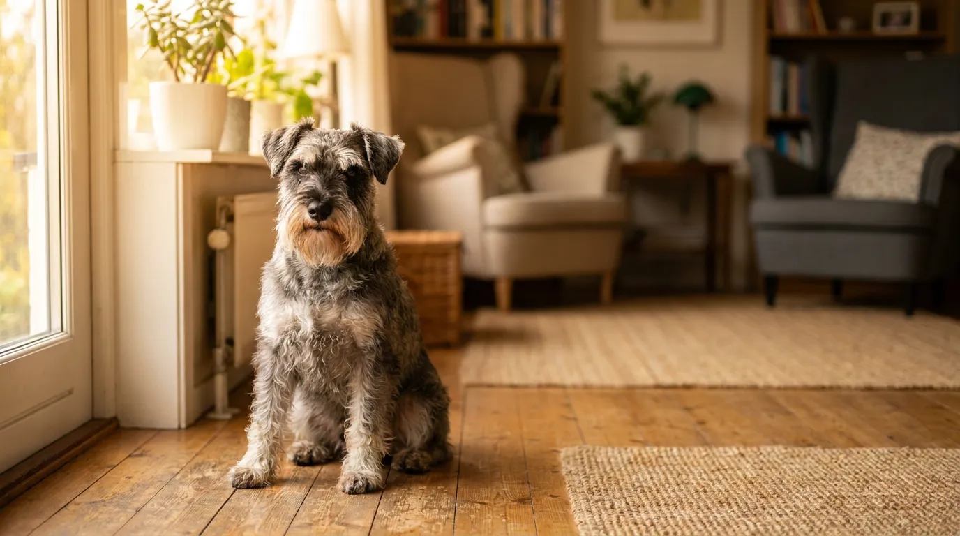 Schnauzer miniaturowy sól-i-pieprz siedzi na trawie i patrzy uważnie przed siebie