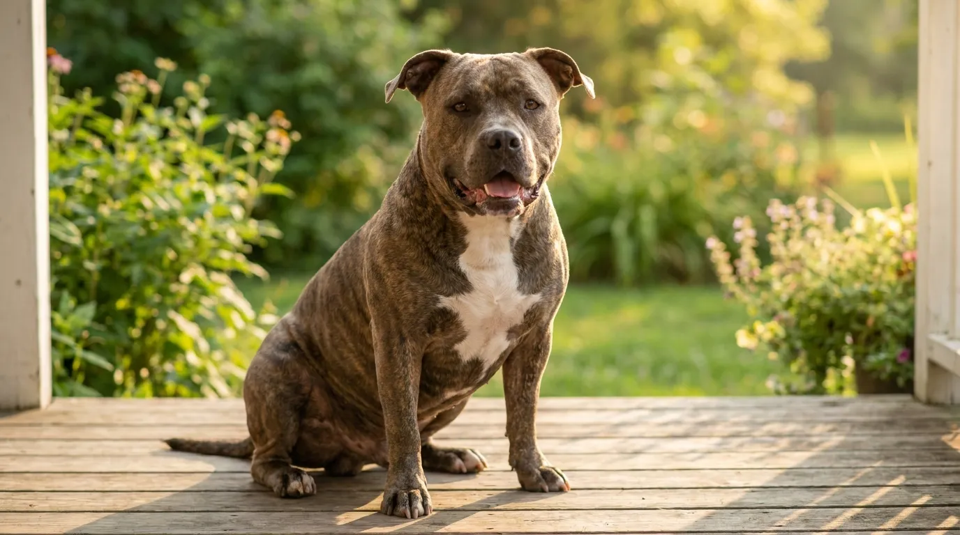 American bully standard w kolorze niebieskim siedzi na trawie i patrzy w obiektyw