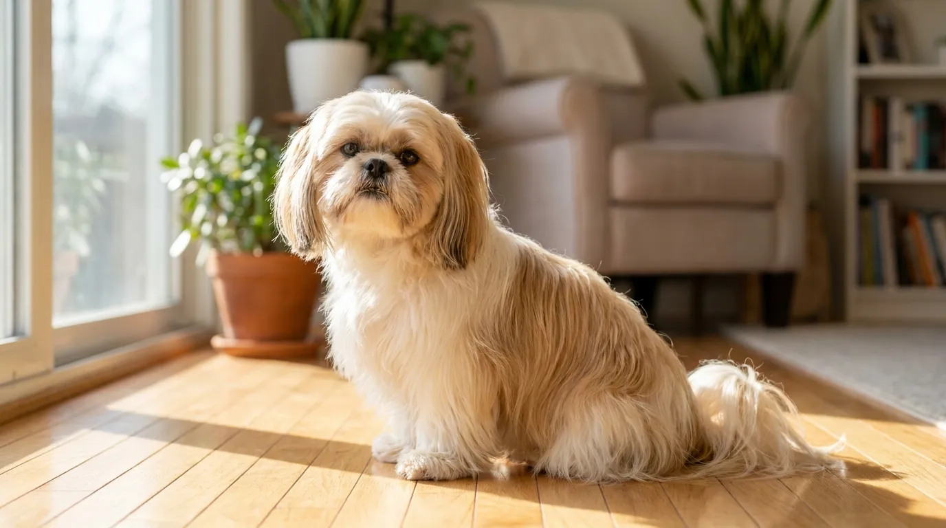 Shih tzu o długiej, jedwabistej sierści siedzi na trawie i patrzy w obiektyw