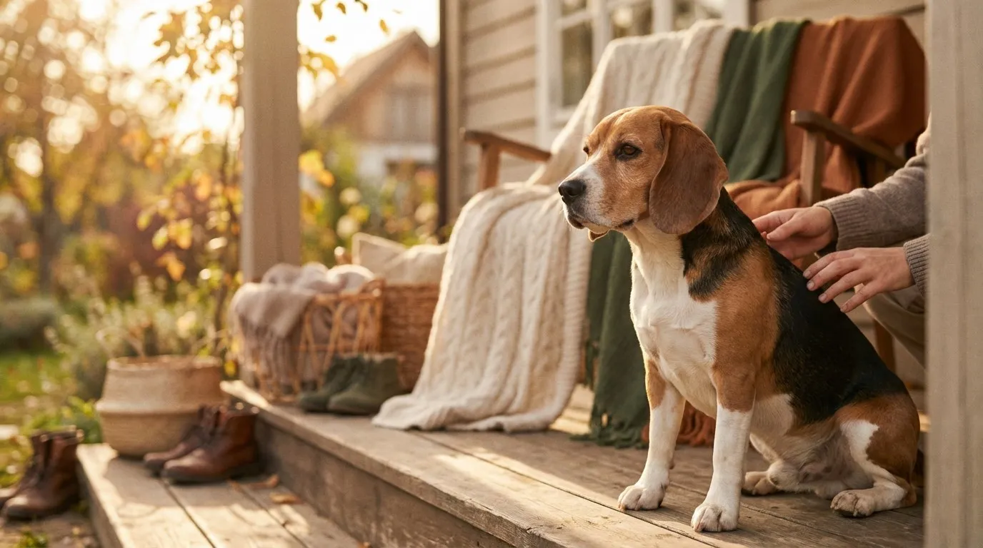 Tricolor beagle ze spuszczonymi uszami siedzący na drewnianym ganku w słoneczne popołudnie