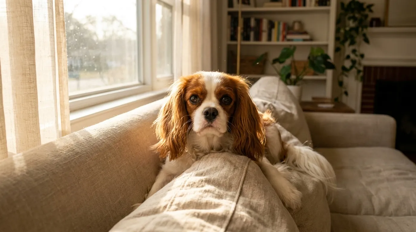 Cavalier king charles spaniel w umaszczeniu blenheim leży na kanapie obok właściciela