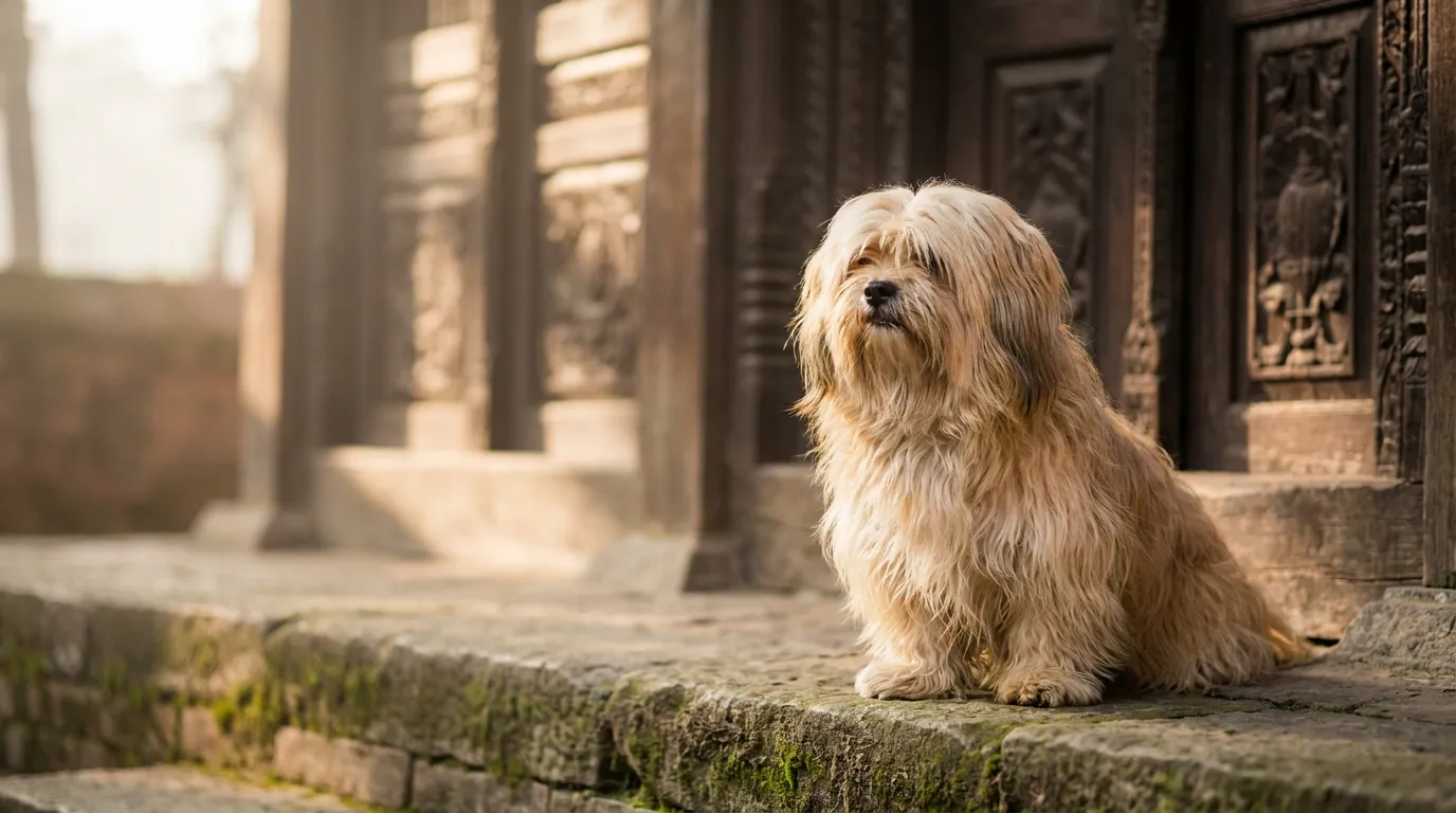 Lhasa apso z dluga, jasna sierścia siedzacy na kamieniu