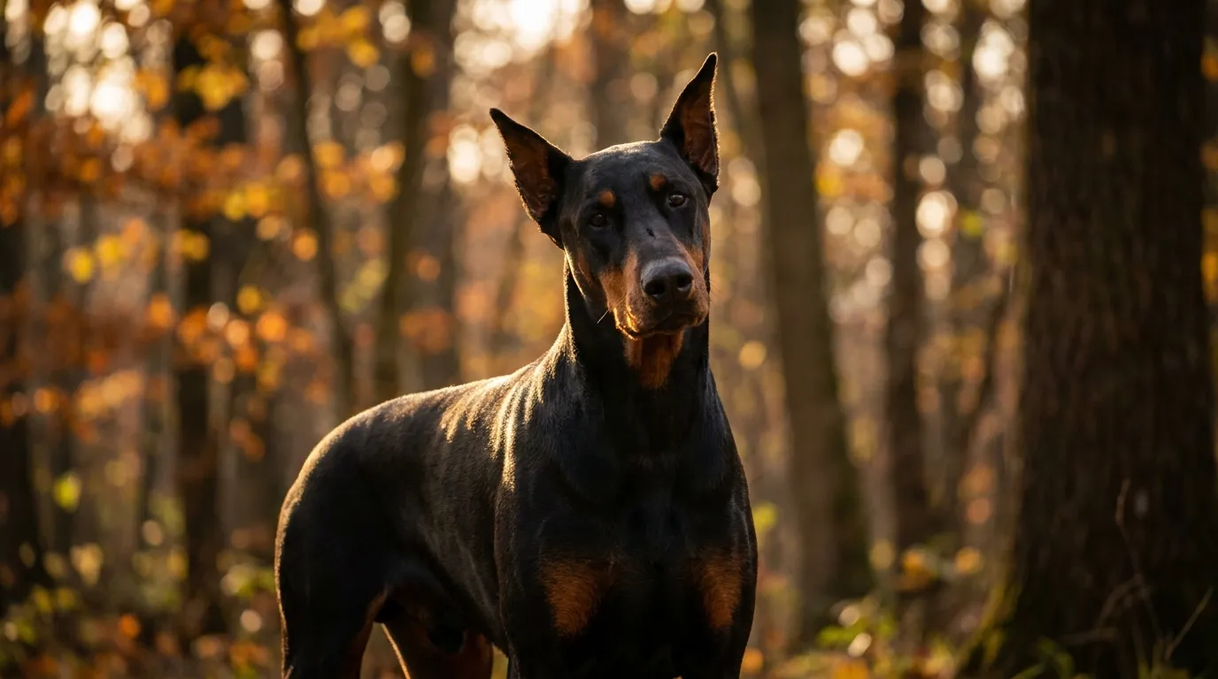 Doberman w kolorze czarno-podpalonym stoi na trawie, uszy sterczą, wzrok skupiony