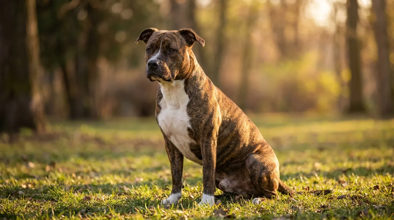 American staffordshire terrier siedzący na trawie, patrzy w obiektyw