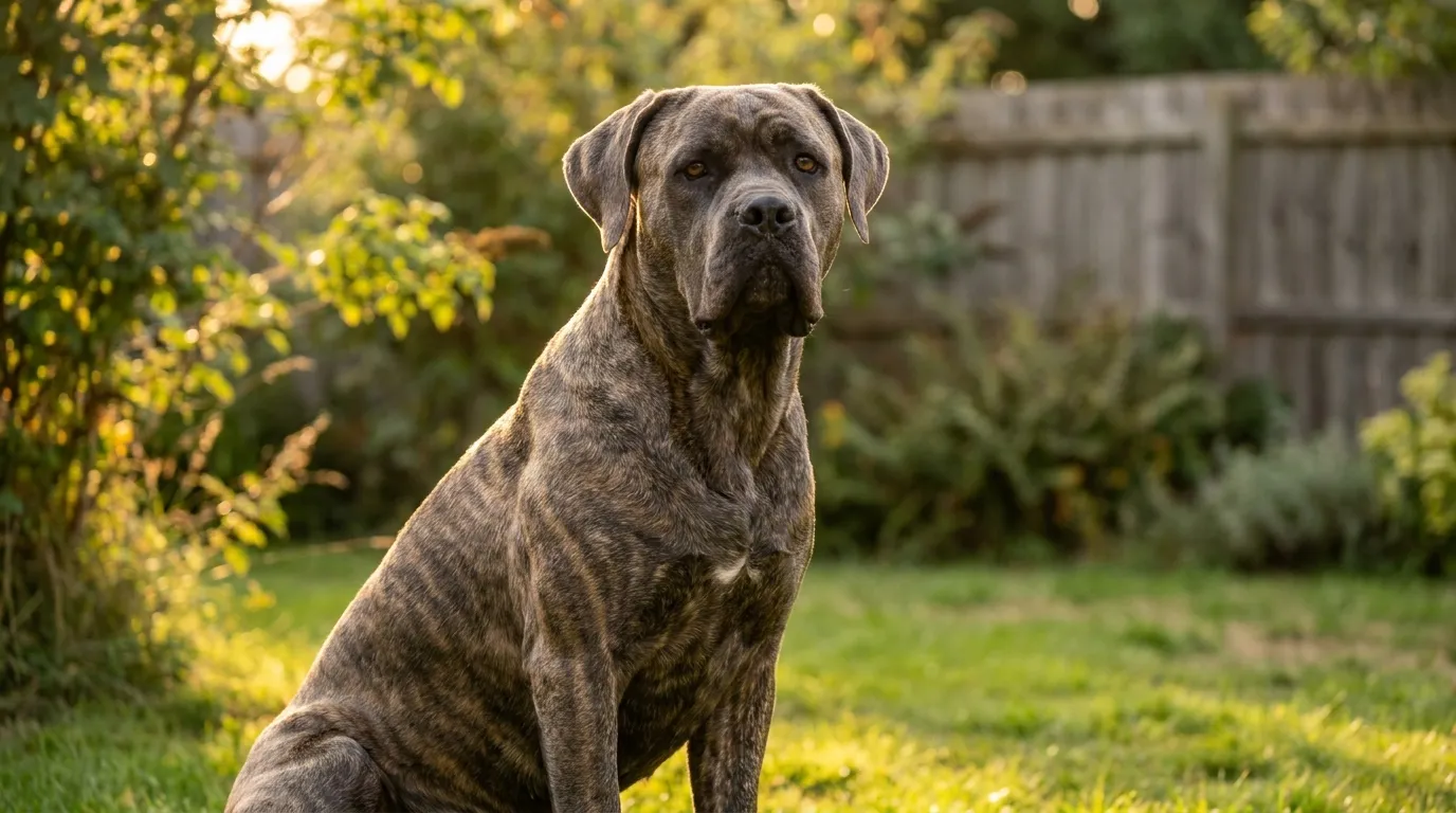 Cane corso siedzący na trawniku - ciemnoszary pies molosowaty o masywnej budowie