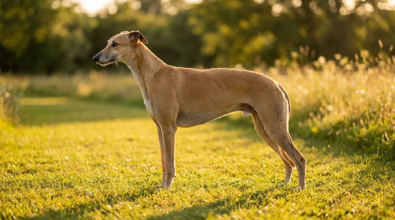 Greyhound w biegu na otwartej łące, smukła sylwetka psa wyścigowego