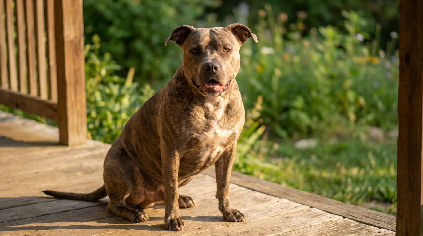 Pitbull American Pit Bull Terrier stoi na trawie, patrzy w obiektyw