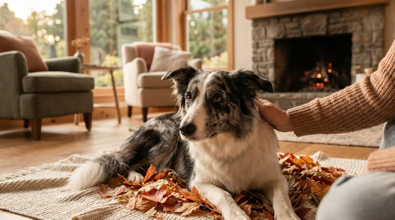 Border collie z białą piersią leżący w trawie, uważnie obserwujący