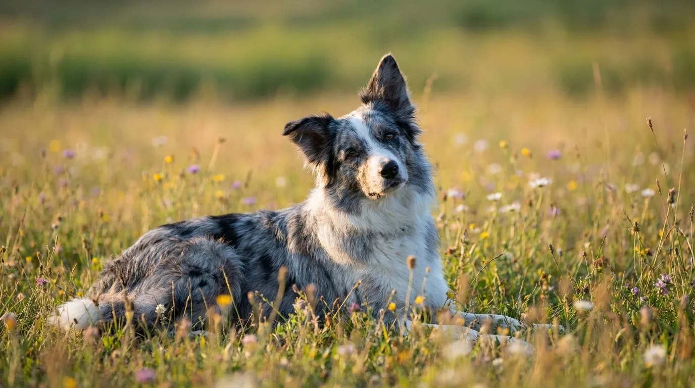 Border collie blue merle biegnący po łące podczas treningu