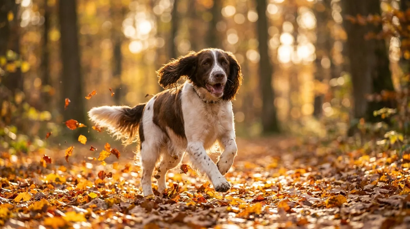 Springer spaniel angielski biało-brązowy biegnie przez łąkę