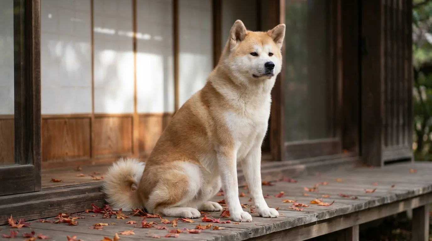 Akita inu siedzi spokojnie na tle japońskiego ogrodu, patrząc w dal