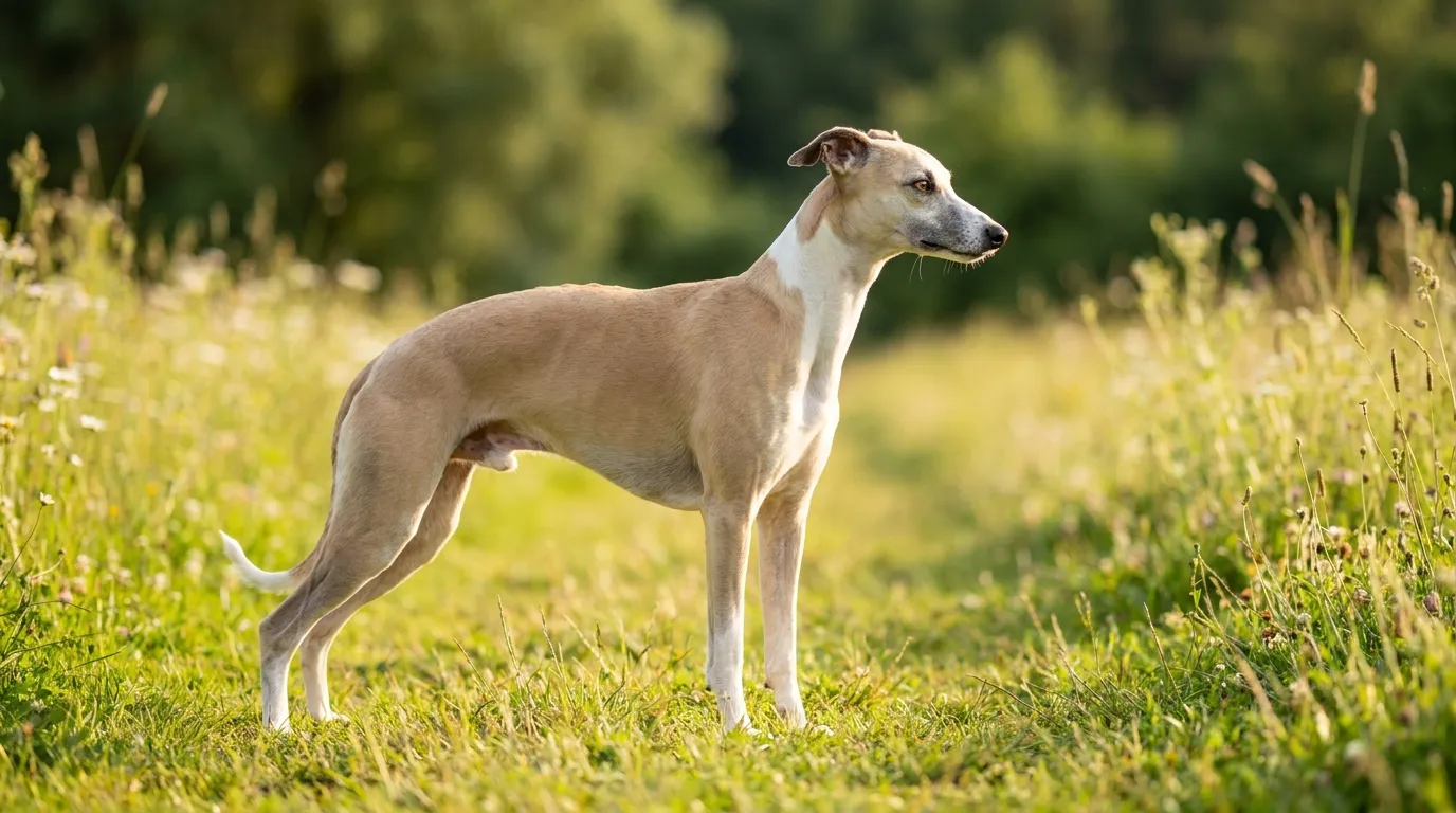 Whippet w kolorze kremowym leży zwinięty na kanapie, patrzy w obiektyw