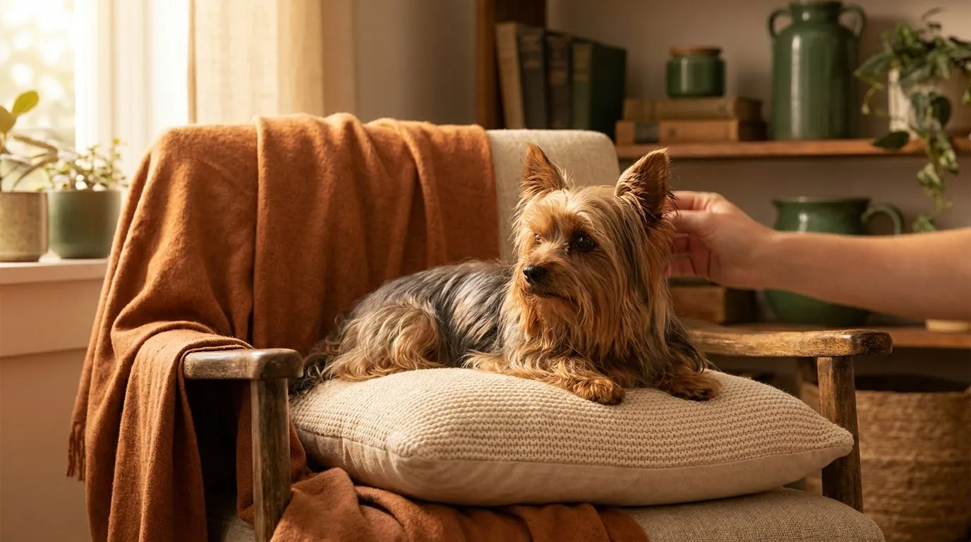 Yorkshire terrier z błyszczącą sierścią siedzący na kanapie w jasnym salonie, wpatrzony w obiektyw