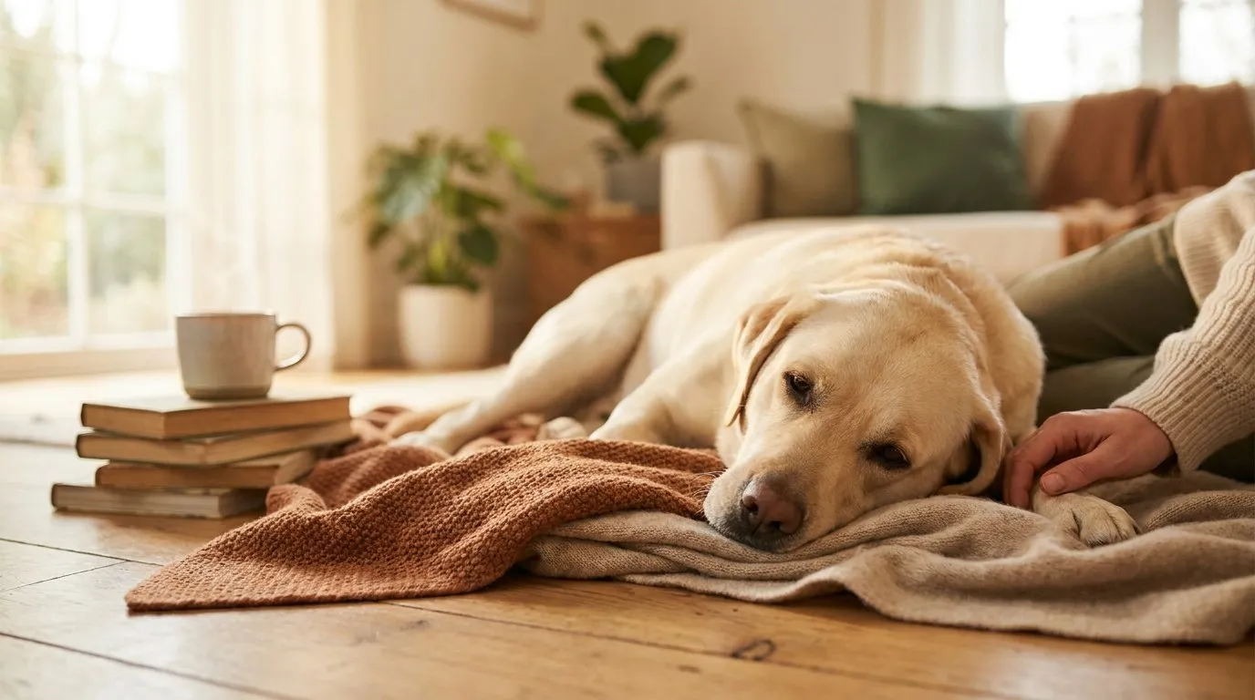 Żółty labrador retriever leżący na drewnianej podłodze w przytulnym salonie
