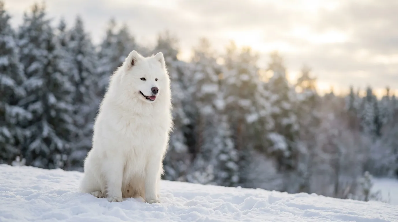 Bialy samojed siedzacy na sniegu, usmiechniety, z gestym futrem