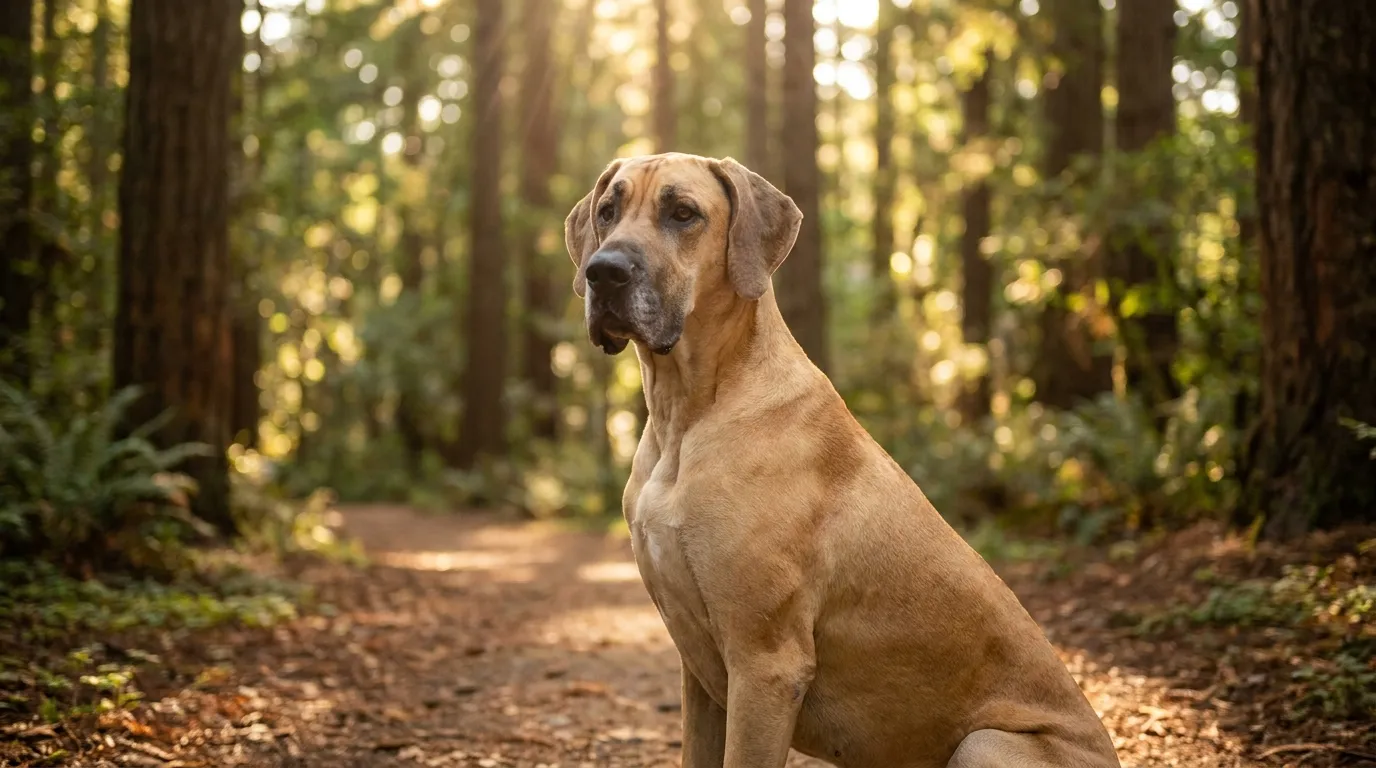 Dorosly dog niemiecki w kolorze plaowym z czarnymi latami siedzi na trawie