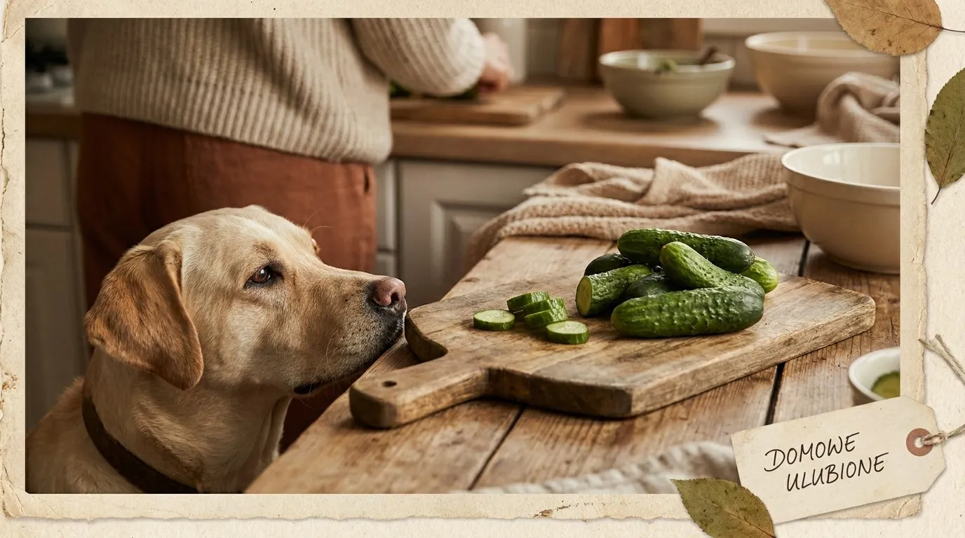 Świeże ogórki gruntowe na drewnianej desce, obok pies labrador zaglądający z boku