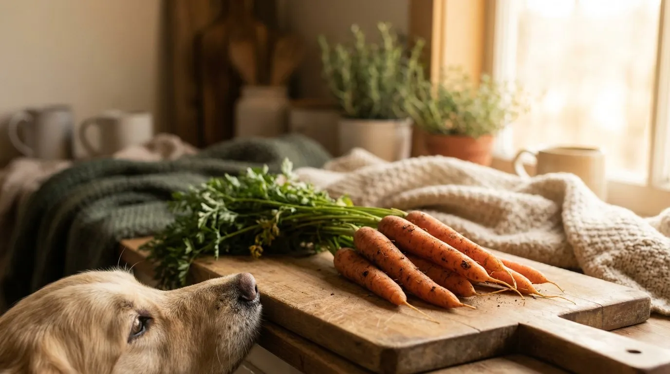 Świeże pomarańczowe marchewki na drewnianej desce, obok pies labrador zaglądający z boku z zainteresowaniem