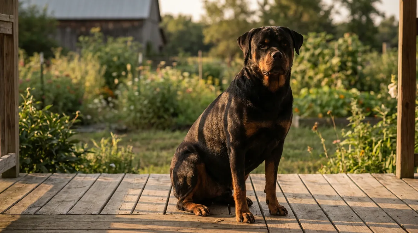 Rottweiler siedzacy na trawie, spokojny i pewny siebie